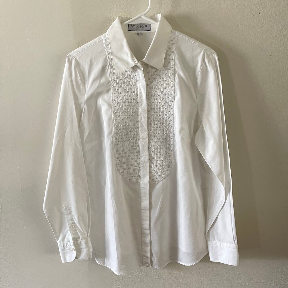 Hawes & Curtis Boutique White Beaded Bib Tuxedo Shirt Blouse Womens UK 16 Flaw